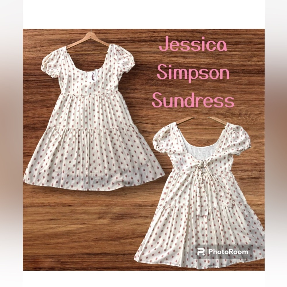 Jessica Simpson Dress Size Large Cotton Lined Tie Back Scoop Neck Puff Sleeves